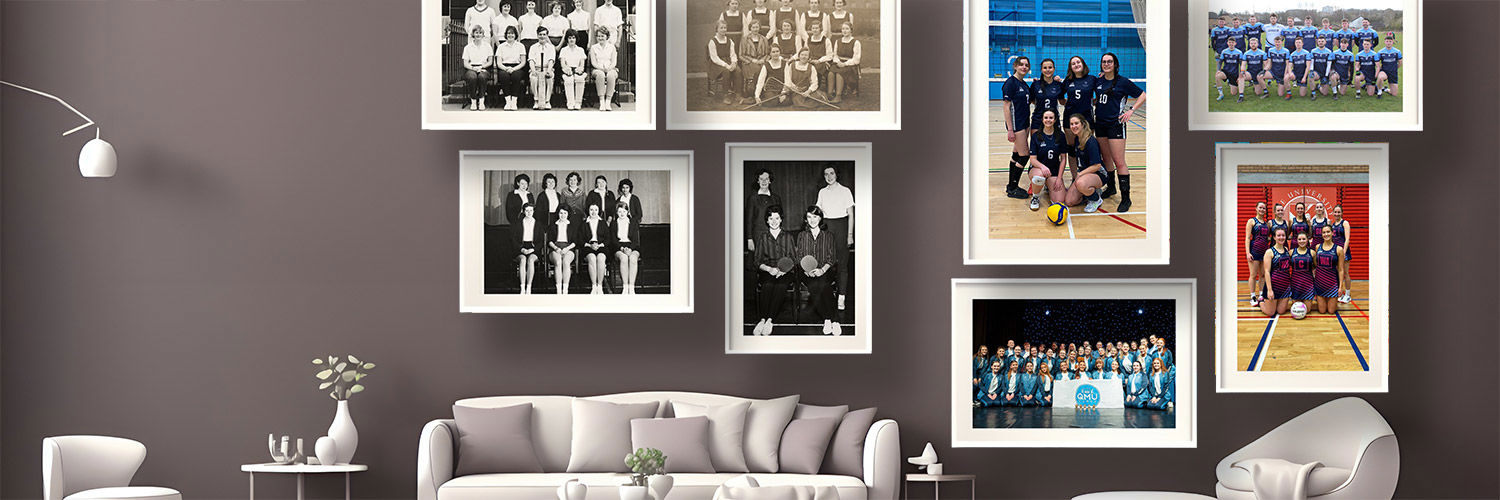 Generated room with gallery of old QMU sports team photos
