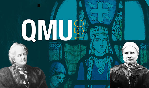 The QMU150 logo alongside black and white photos of QMU's founders; a facade featuring St Margaret placed behind them.