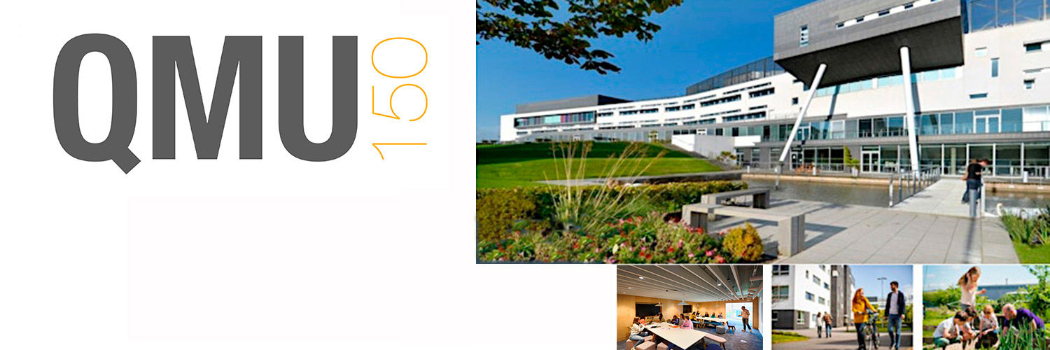 Exterior photo of QMU Campus alongside QMU150 logo