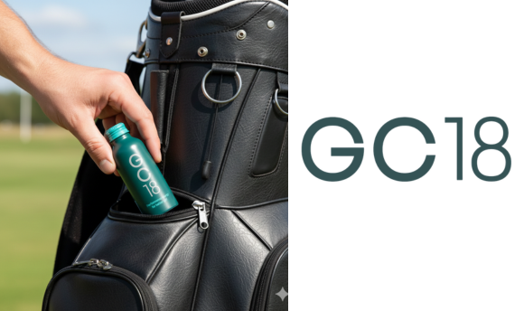 GC18 logo and bottle of GC18 going into golf bag