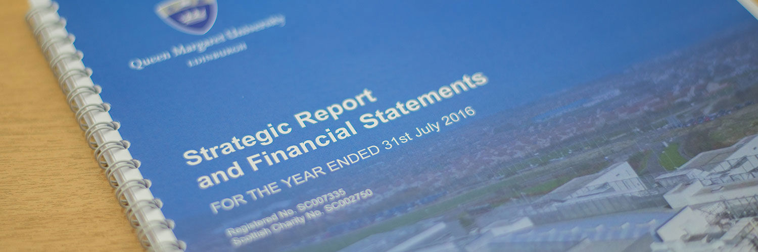 A book cover with QMU logo and "Strategic Report and Financial Statements" for 2016