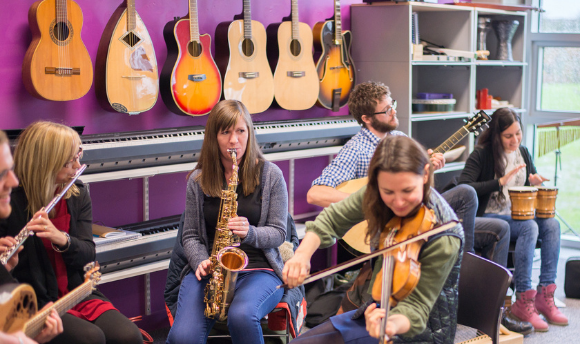 An image of an MSc Music Therapy class at Queen Margaret University, Edinburgh.