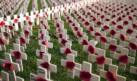 Poppies and crosses in the field of remembrance for Remembrance Day on Princes Street in Edinburgh, 2012.