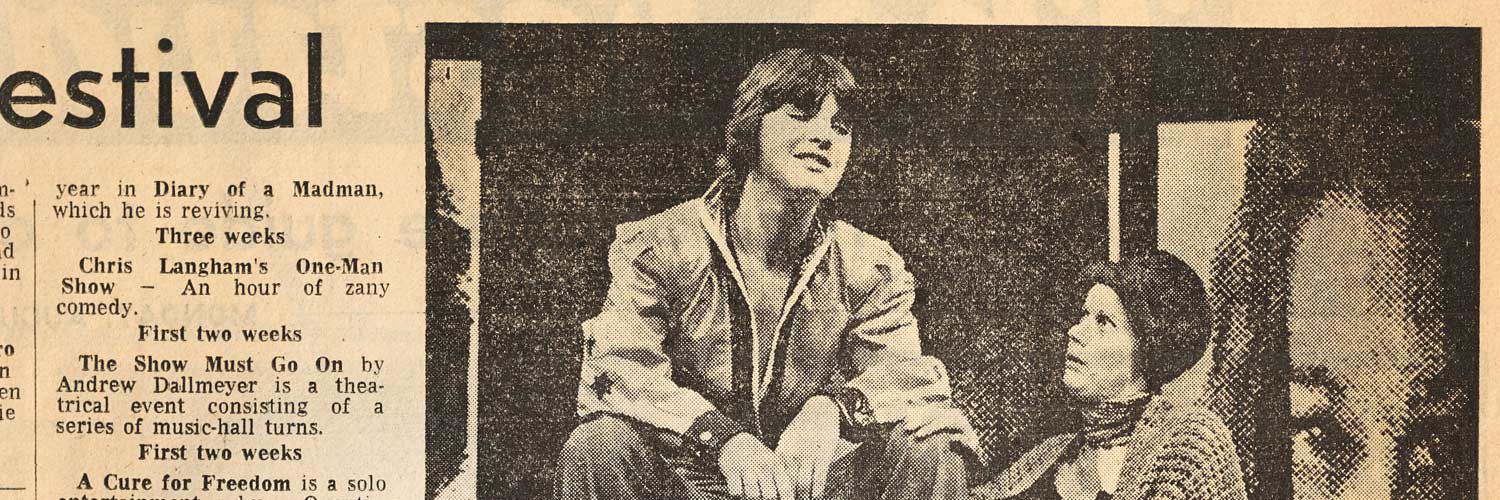 An image from the performance of The American Dream, taken from the Edinburgh Festival Supplement, and featuring QMC students David Mack, and Sheila Lees.