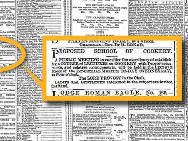 An excerpt highlighted from the April 21, 1875 edition of The Scotsman newspaper. The text reads, "Proposed School of Cookery: A public meeting to consider the expediency of establishment for a course of lectures on cookery with demonstrations, and relative arrangements, will beheld in the Lecture Room of the Industrial Museum. Today (Wednesday) at four o'clock. The Lord Provost in the Chair. Ladies and gentlemen interested in the subject are invited to attend."