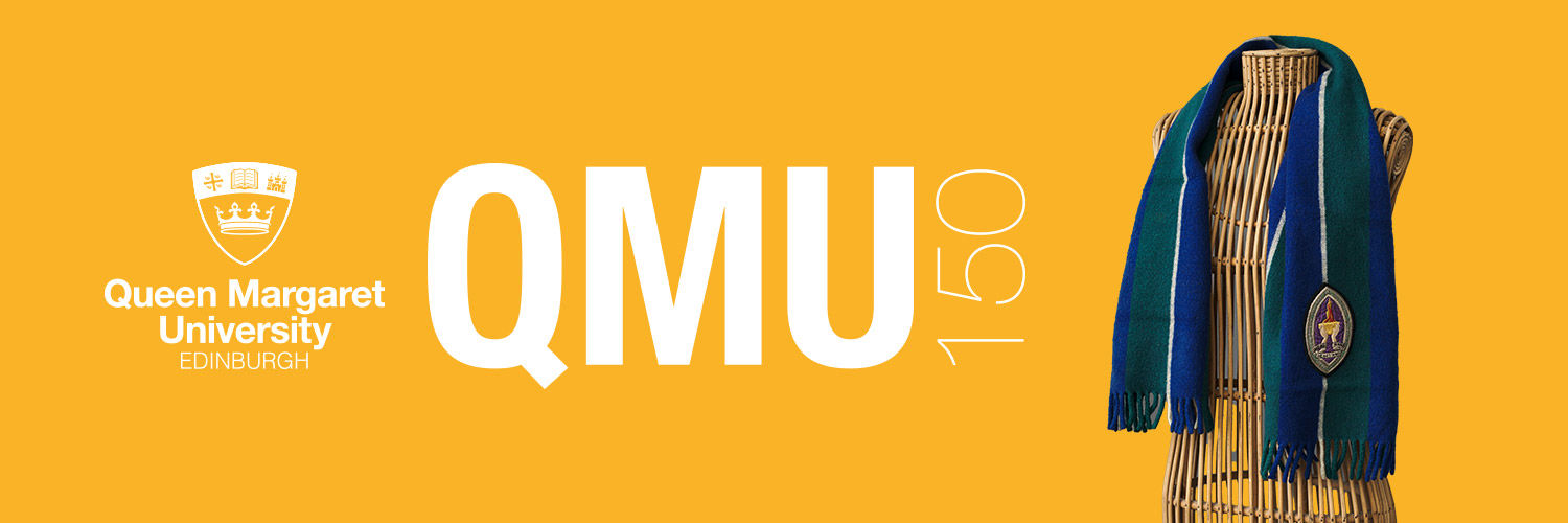 A standard banner with the QMU Logo and the text "QMU150" alongside a mannequin wearing the traditional QMU scarf.