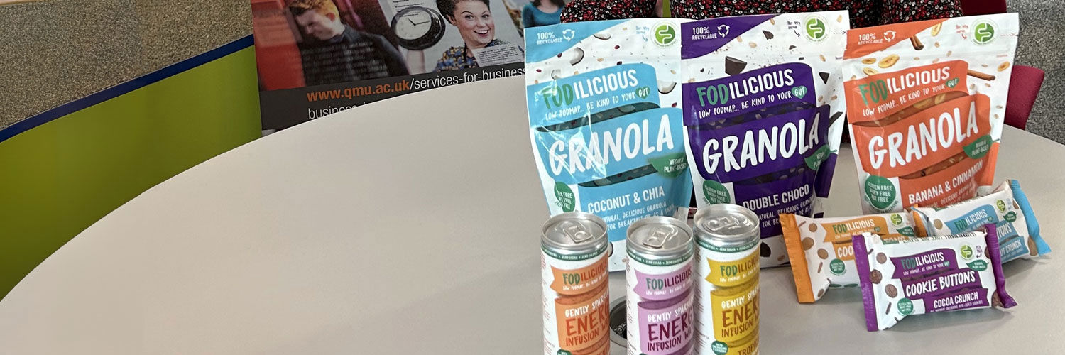 An assortment of Fodilicious brand products displayed on a table at QMU's Business Gateway.