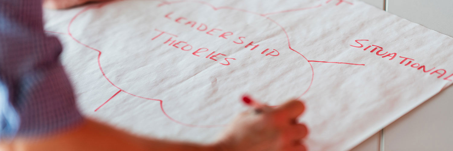 Person creating a spider diagram with ideas relating to leadership