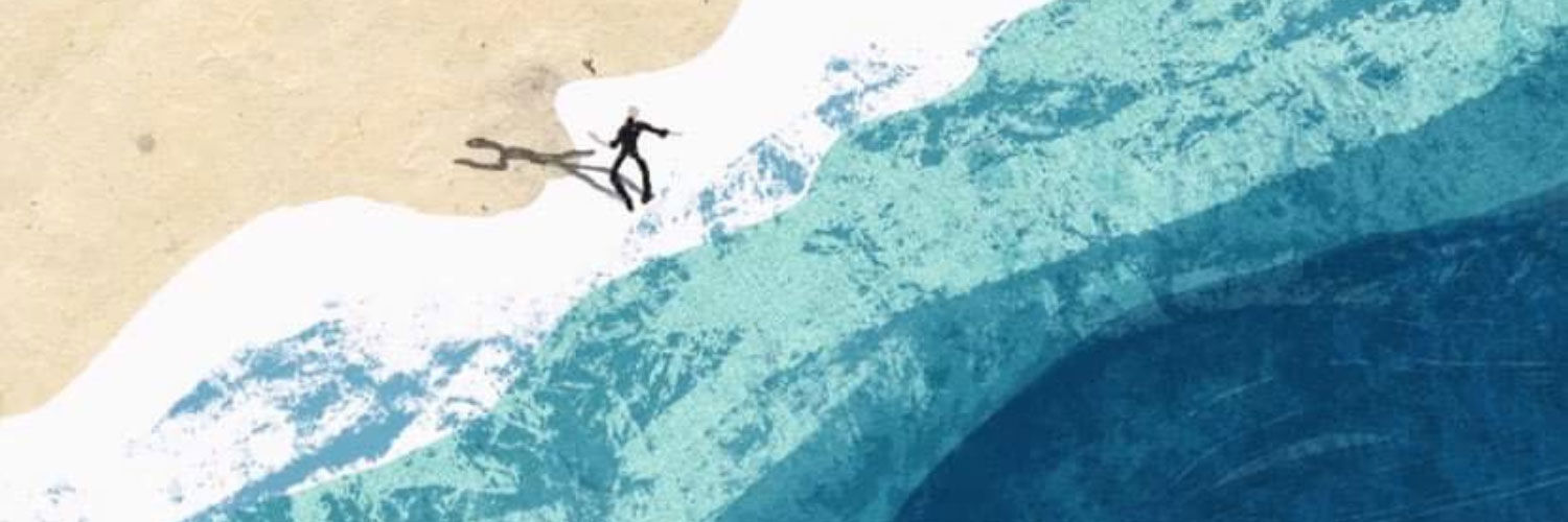 A graphic of a character on the beach, viewed from afar