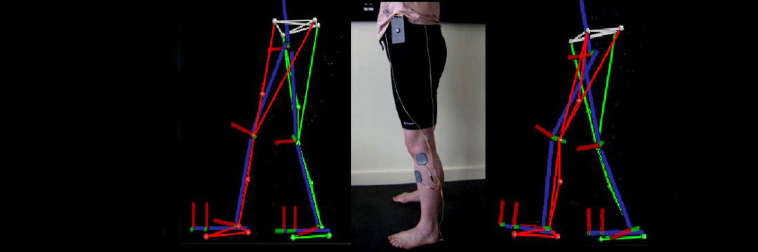A man wearing electric pads on his legs and animations mimicking his stance