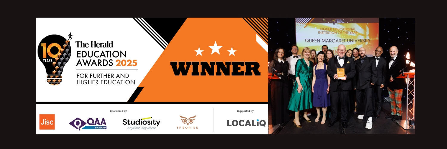 A collage of two images: a graphic depicting the Herald Higher Education Award noting QMU as the Winner for Further and Higher Education Institution; the second image shows a group of people celebrating at an awards dinner.