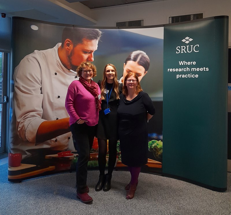 Ceri Ritchie, Principal Consultant at SAC Consulting (part of SRUC) (left) with Sarah Wilkie, Sensory Technologist at QMU and Catriona Liddle, Head of Scottish Centre for Food Development & Innovation at QMU (right)