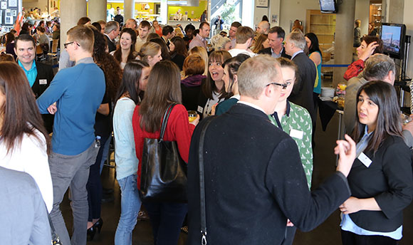 An on-campus event space filled with people