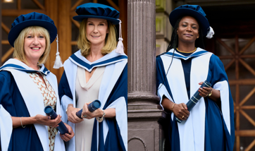 A split image showing two women in ceremonial graduation gowns on the left and then a female in a ceremonial graduation gown on the right.