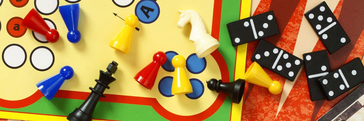 Various board game pieces are shown on a mixture of game boards.