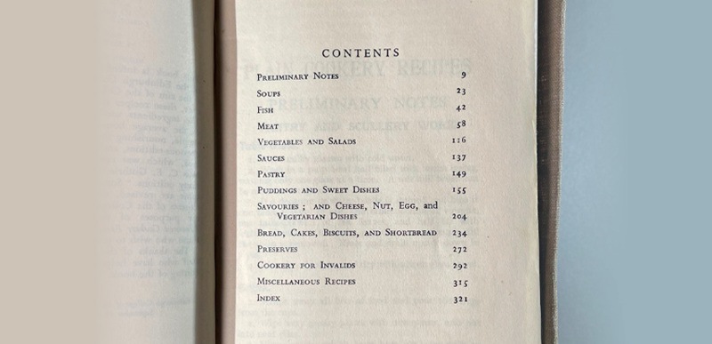 The contents page from a recipe book