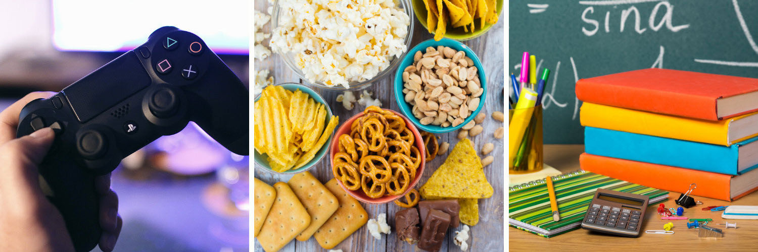 Collage of a game controller, snacks and school books