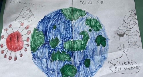 Hand drawn image of globe by child and how they interpreted the coronavirus outbreak