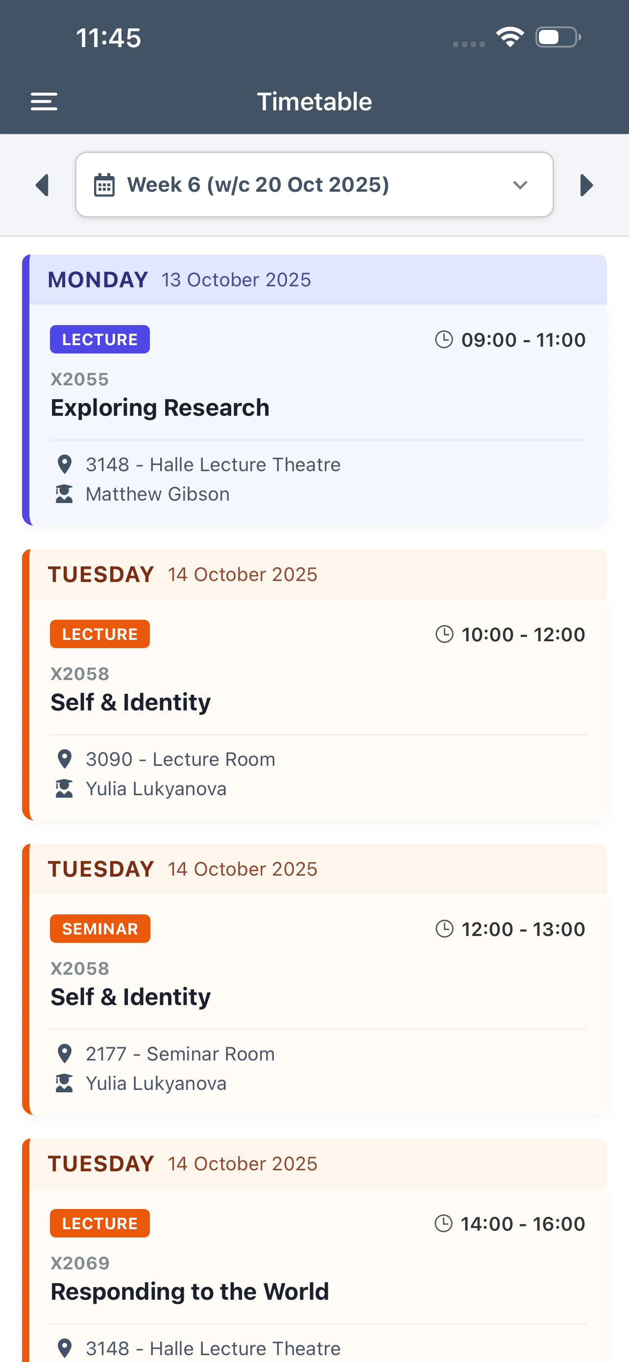 Screenshot of the MYQMU app timetable page