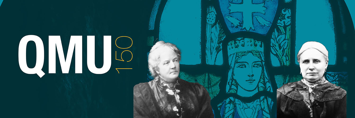 The QMU150 logo alongside black and white photos of QMU's founders; a facade featuring St Margaret placed behind them.