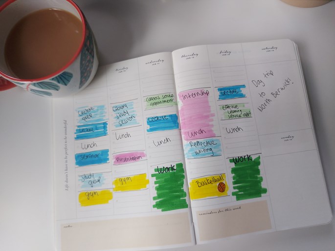 A weekly schedule with activities colour coded