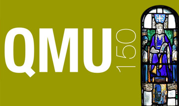 The text "QMU150" alongside a blue stained-glass window featuring St Margaret.
