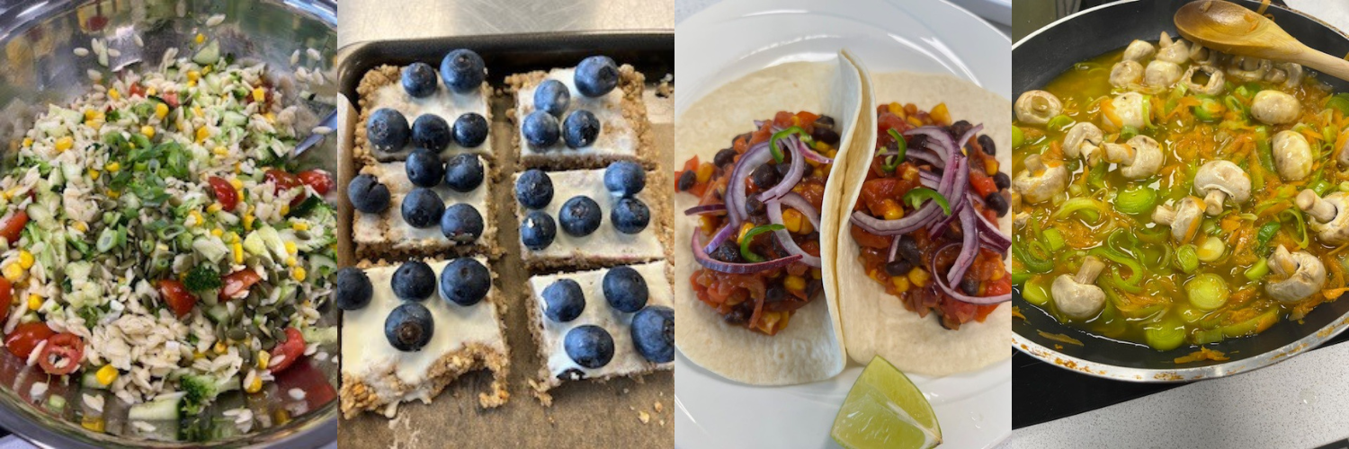 pictures of 4 meals; tuna salad, blueberry bites, fajitas and mushroom casserole 