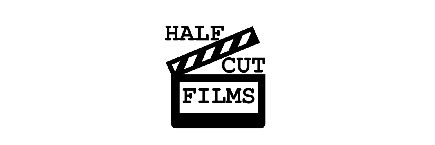 Half Cut Films Logo - A black and white clapperboard featuring the brand name "Half Cut Films".