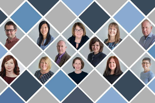 A graphic of tessellated diamond spaces interspersed with photographs of members of staff.