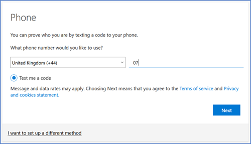 Adding phone number during account security information set up