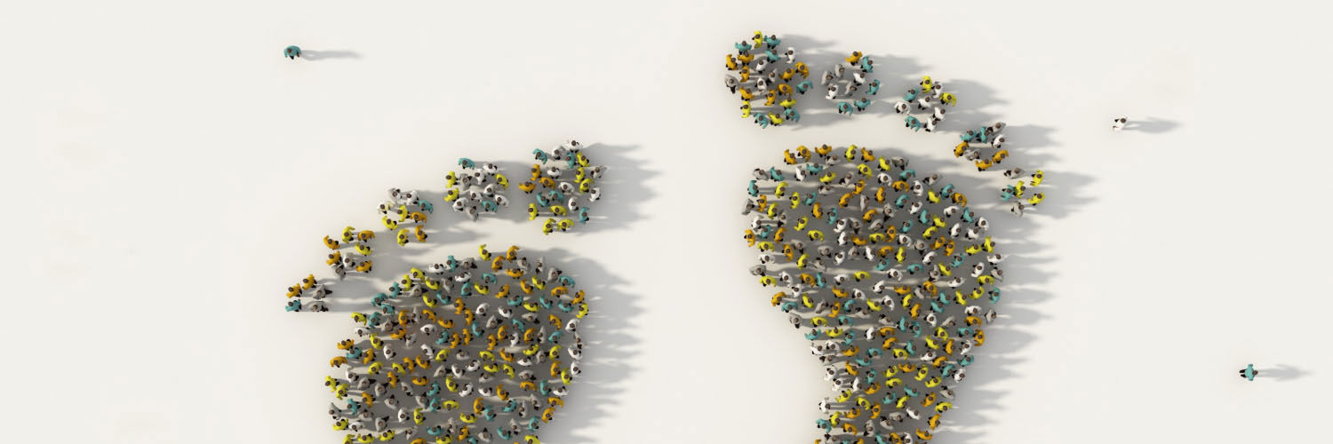 A graphic of hundreds of people standing to form the shape of two feet.