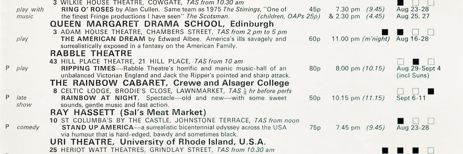 The listing for the inaugural Queen Margaret College performance at the 1976 Edinburgh Festival Fringe.
