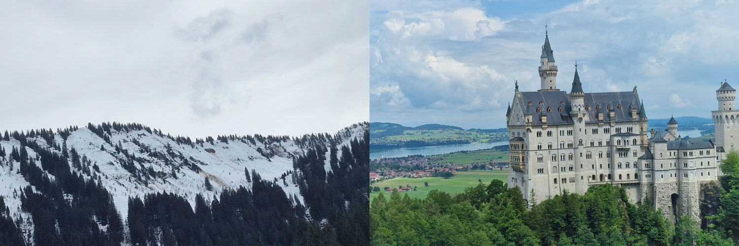 A collage of two photos: a snowy mountain range; and Neuschwanstein Castle