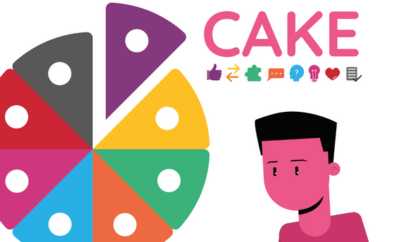 colourful graphics of a cake separated out into different slices and a cartoon style man looking at the cake