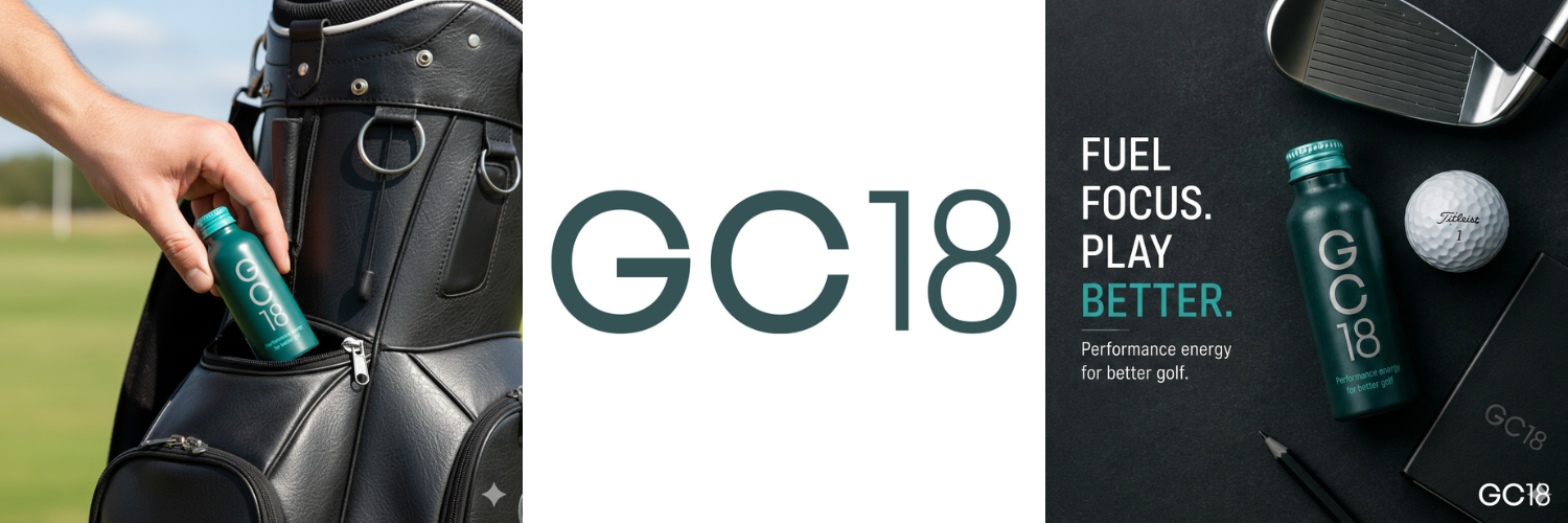 GC18 logo and bottle of GC18 going into golf bag