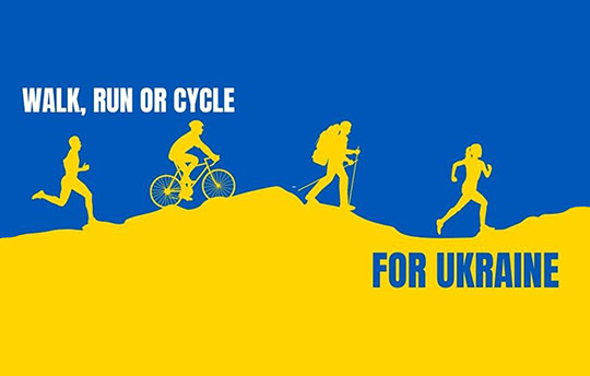 Graphic showing people walking, running or cycling with the wording 'walk, run or cycle for Ukraine'. 