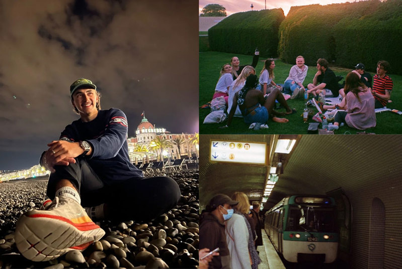 A collage of a young man sat on a pebbled beach, a group of friends enjoying a picnic in the late summer sun, and a film grain-style photo of a Paris metro train.