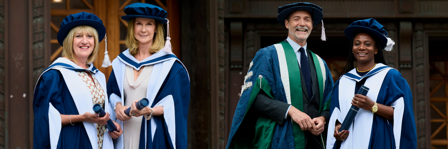 A split image showing two women in ceremonial graduation gowns on the left and then a male and female in ceremonial graduation gowns on the right.