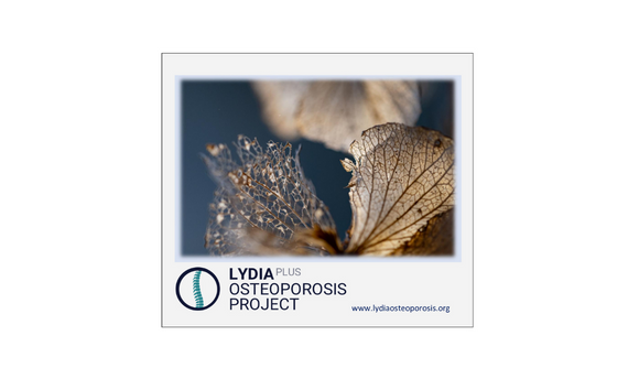 An image of a fragile leaf next to the Lydia Plus Osteoporosis Project logo.