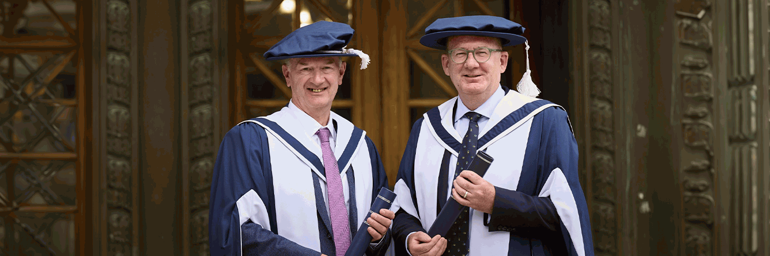 L to R, Dr James Robson MBE (Honorary Graduate) and Professor Alex McMahon (Honorary Graduate)
