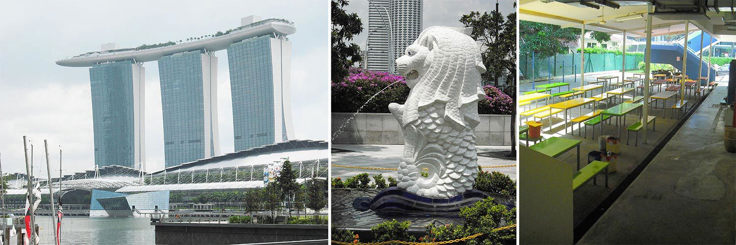 Collage of photos taken in Singapore including some seating, a fountain & the Marina Bay Sands Hotel