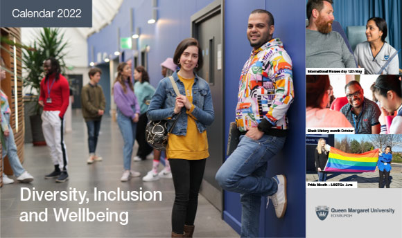 Front cover of Inclusion Calendar showing various students on the QMU campus