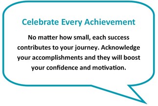 Blue speech bubble stating "Celebrate Every Achievement"