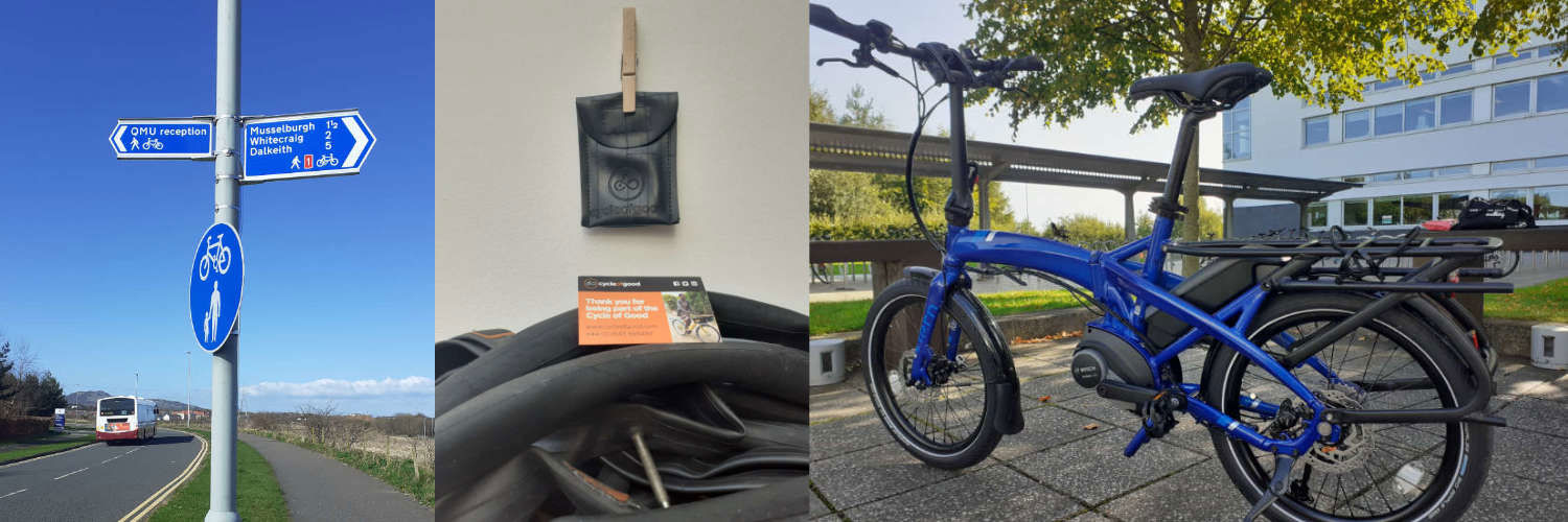 Banner with cycle route information and campus bike storage