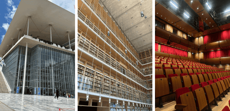 A collage of three images showing the exterior and interior of the Stavros Niarchos Foundation Cultural Center (SNFCC).