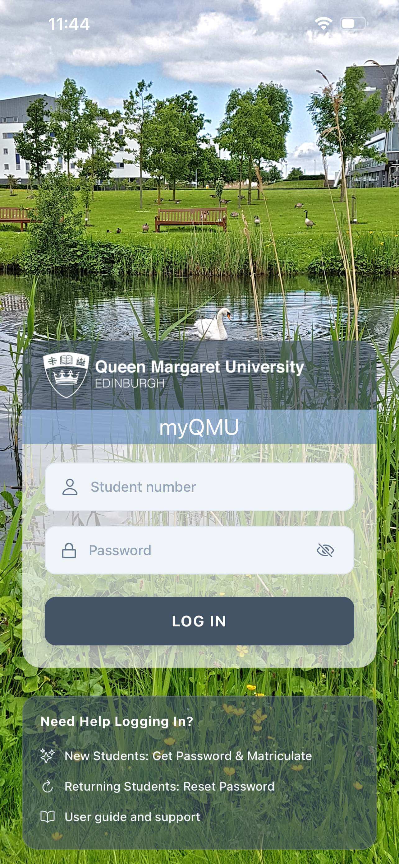 Screenshot of the MYQMU app login page