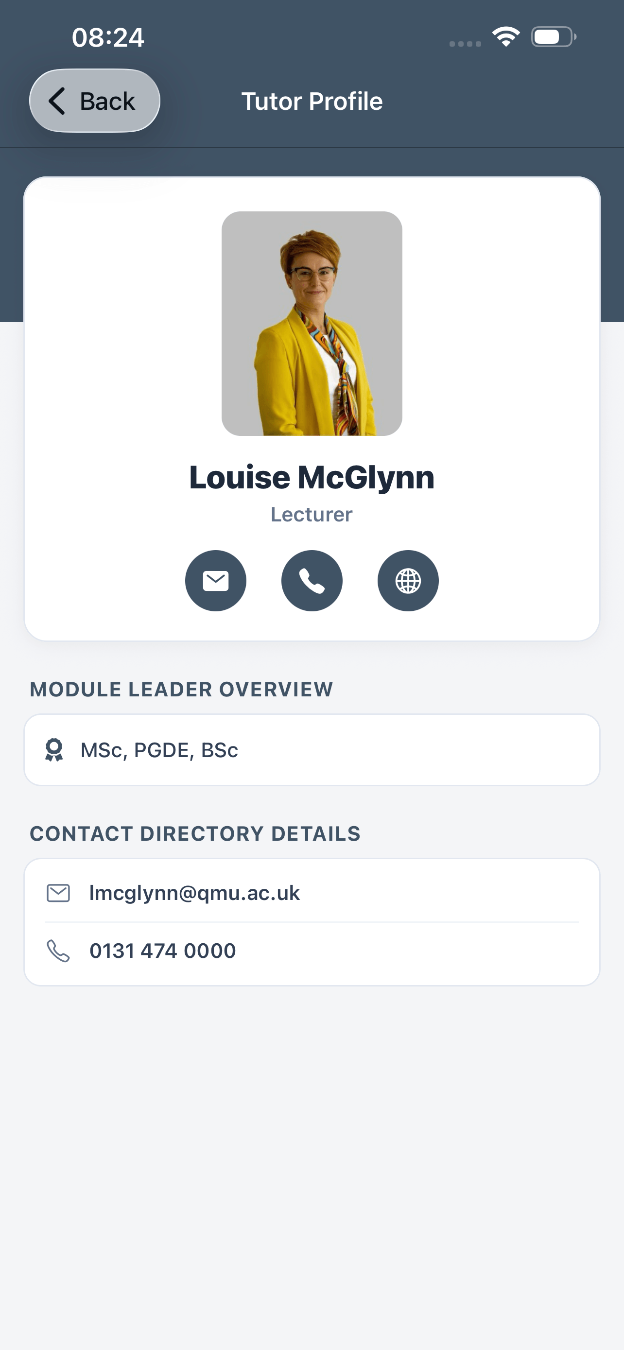 Screenshot of the MYQMU app tutor page