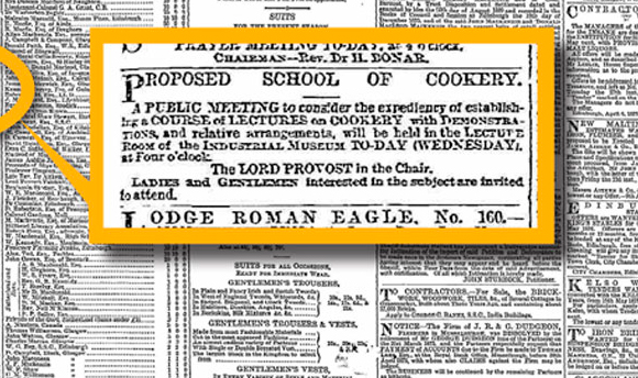 An excerpt highlighted from the April 21, 1875 edition of The Scotsman newspaper. The text reads, "Proposed School of Cookery: A public meeting to consider the expediency of establishment for a course of lectures on cookery with demonstrations, and relative arrangements, will beheld in the Lecture Room of the Industrial Museum. Today (Wednesday) at four o'clock. The Lord Provost in the Chair. Ladies and gentlemen interested in the subject are invited to attend."