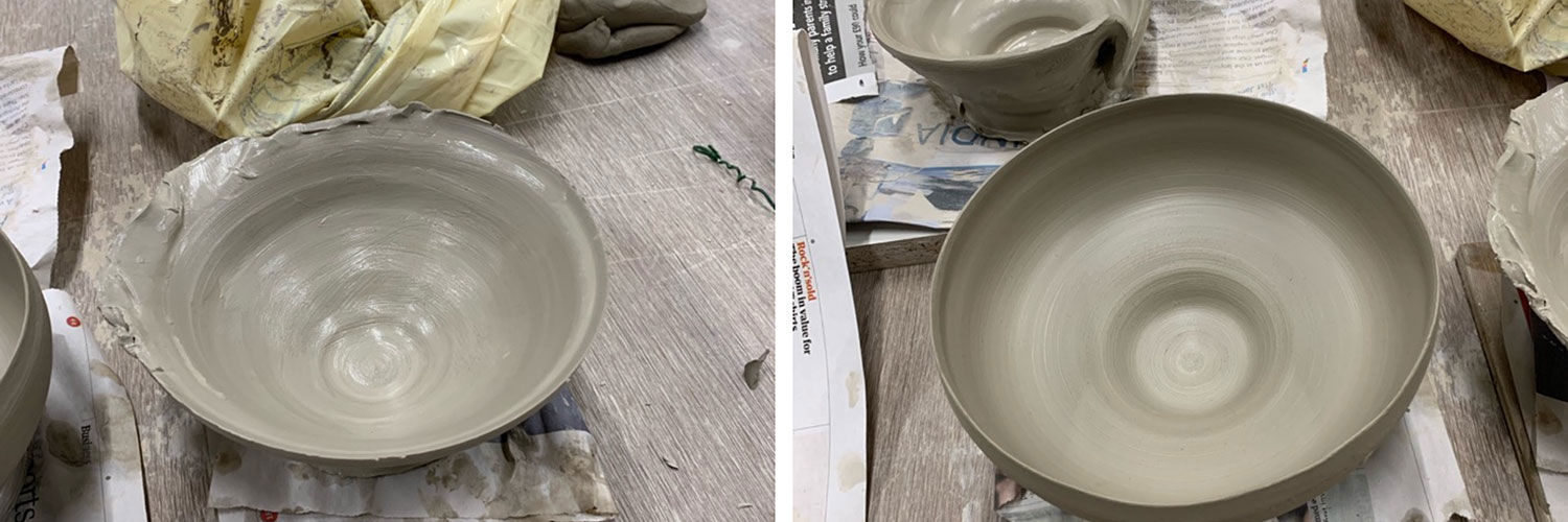Two handmade pottery bowls - one incomplete and one complete.