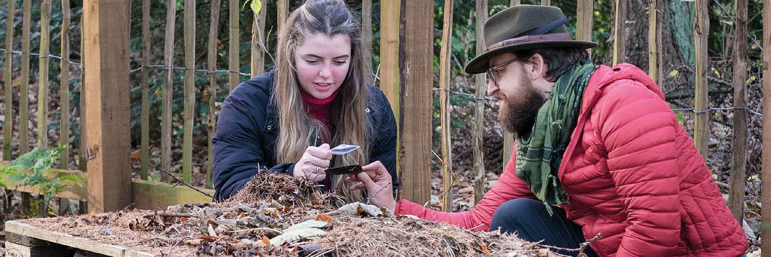 Young girl identifies leaves with lecturer in a woodland classroom
